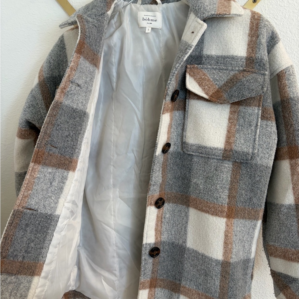 Boheme Plaid Shacket Jacket in Cream Brown Small - Picture 9 of 10